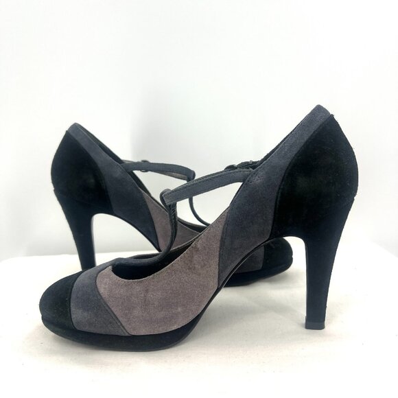 Boden Suede Black Gray T-Strap Heeled Pumps Women's Size 39 US 8 - Picture 2 of 10